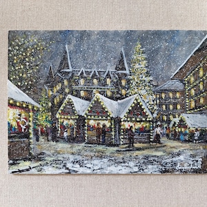 Christmas Market Street Scene in Old Town Original Oil Painting. Xmas Artwork Christmas Square, carousel and garlands in street holiday art