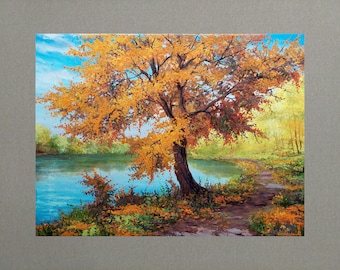 Colorful autumn maple park, Vibrant autumn leaf fall landscape Bright nature oil painting, Original best Gift for him and her wall art decor