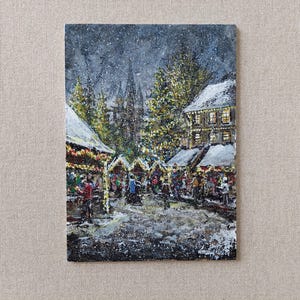 Vintage Style Christmas Market - Snowy Town Original Oil Painting. Xmas Artwork. Christmas Market in Old Town - Original Oil Painting