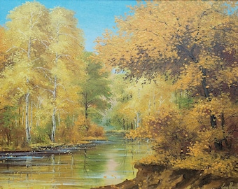 Big autumn season painting on canvas, Vibrant autumn colorful trees on river landscape nature in original high quality handmade artwork