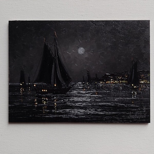Moon Night Seascape Oil Painting, Victorian Dark Nocturne, Vintage Seascape Aesthetic Painting, Dark moonlit night in the ocean Original Art