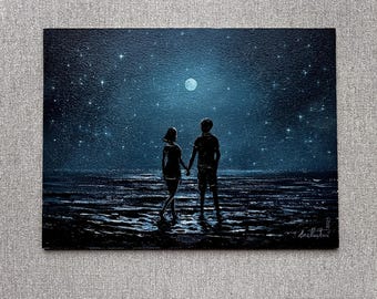Dipinto ad olio d'amore. Dipinto ad olio originale di coppia al chiaro di luna. Opera d'arte a olio originale di paesaggio marino romantico, notte stellata e amanti sulla spiaggia.