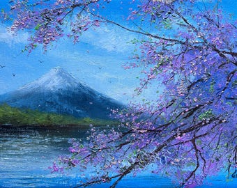 Original Oil Painting Mountain Peak Cherry Blossom Art Impasto Textured Floral Landscape Canvas Wall Art Spring Nature Zen Decor Stavitskiy