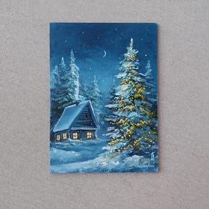 Snowy Winter oil painting. Christmas Masterpiece painting. Snowy art Old style winter landscape painting. Snow covered forest holiday art