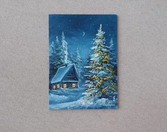 冬の夜景オリジナル油絵。小屋の光と月のアート。ミニチュアの絵画