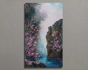 Spring Oil Painting. Serenity in Bloom: Mountain Waterfall and Sakura Symphony Canvas Art. Original Cherry Tree Blossom Oil Painting