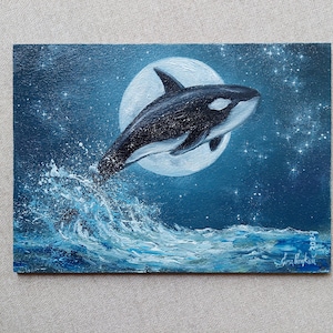Graceful Orca Leaps Amidst Lunar Brilliance and Bright Starry Night. Original Oil Painting, Seascape Art with Freshness and Dynamics