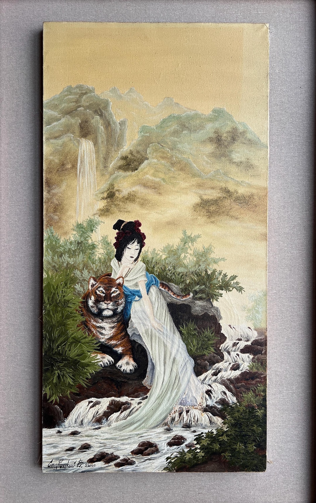 Japanese Girl With a Tiger in the Old Style Waterfalls and