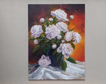 Pink peonies oil painting / Blossom bouquet flowers / Detailed delicate petals of Peony in classic style and rich colors in original artwork