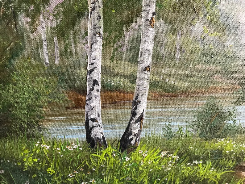 Big spring birch landscape painting Original spring painting on canvas Birch trees and flowers painting wow wall art landscape painting