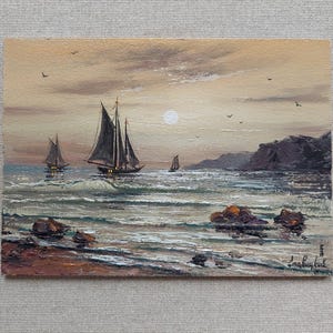 Vintage style original sea Art / Old wooden fishing boats Ukrainian oil painting /. Seascape sailboats coast with mountains painting