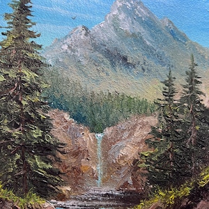 Origineel olieverfschilderij: Berglandschap met waterval, wanddecoratie met impasto-textuur, dennenbos, canvas, fijne kunst, natuurdecoratie, Stavitskiy, 5x7 inch.