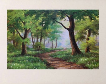 Summer Green Groove Painting. Forest with flowers meadow. Ukrainian Forest Splendor: Original Oil Artwork of Colorful Fresh Meadow on Canvas