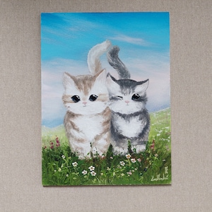 Two Cute kitty in Love and friendship Colorful cat oil painting, Love and Feelings in original wow Art. Blossoming meadow and little kittens