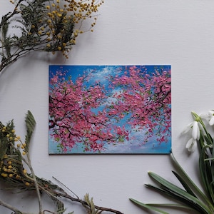 Sold. Can made it to the order. Bloom Sakura In Spring Sky Landscape Original Oil Painting. Pink Cherry Tree Impasto Art, Spring Sakura