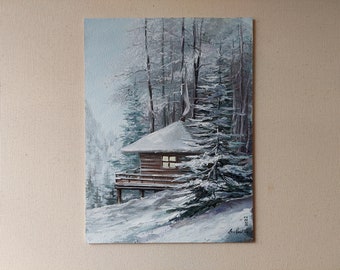 冬の風景のオリジナル絵画、森の川のキャンバスの油絵、大きな山