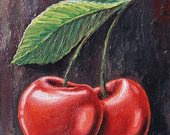 さくらんぼの静物画、5 x 7インチ、下塗りイラストボードに描かれた