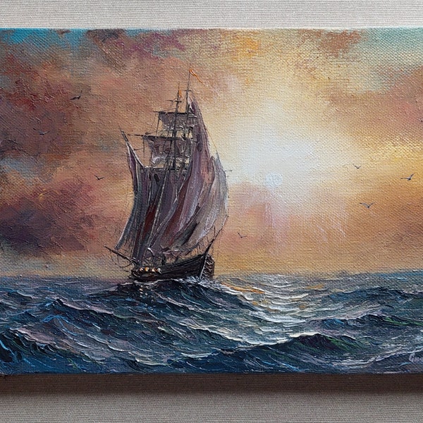 Seascape Original Painting. Endless Horizons: Dawn Seascape with Old Wooden Sailing Ship. High-quality Oil Artwork