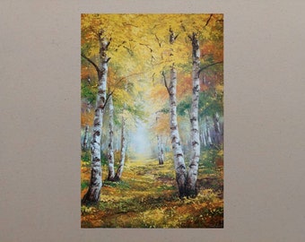 キャンバスに描かれた色鮮やかな秋の大きな絵画、生き生きとした風景画、秋の自然を描いた縦長の油絵、オリジナルの手作り作品。秋の感動アート