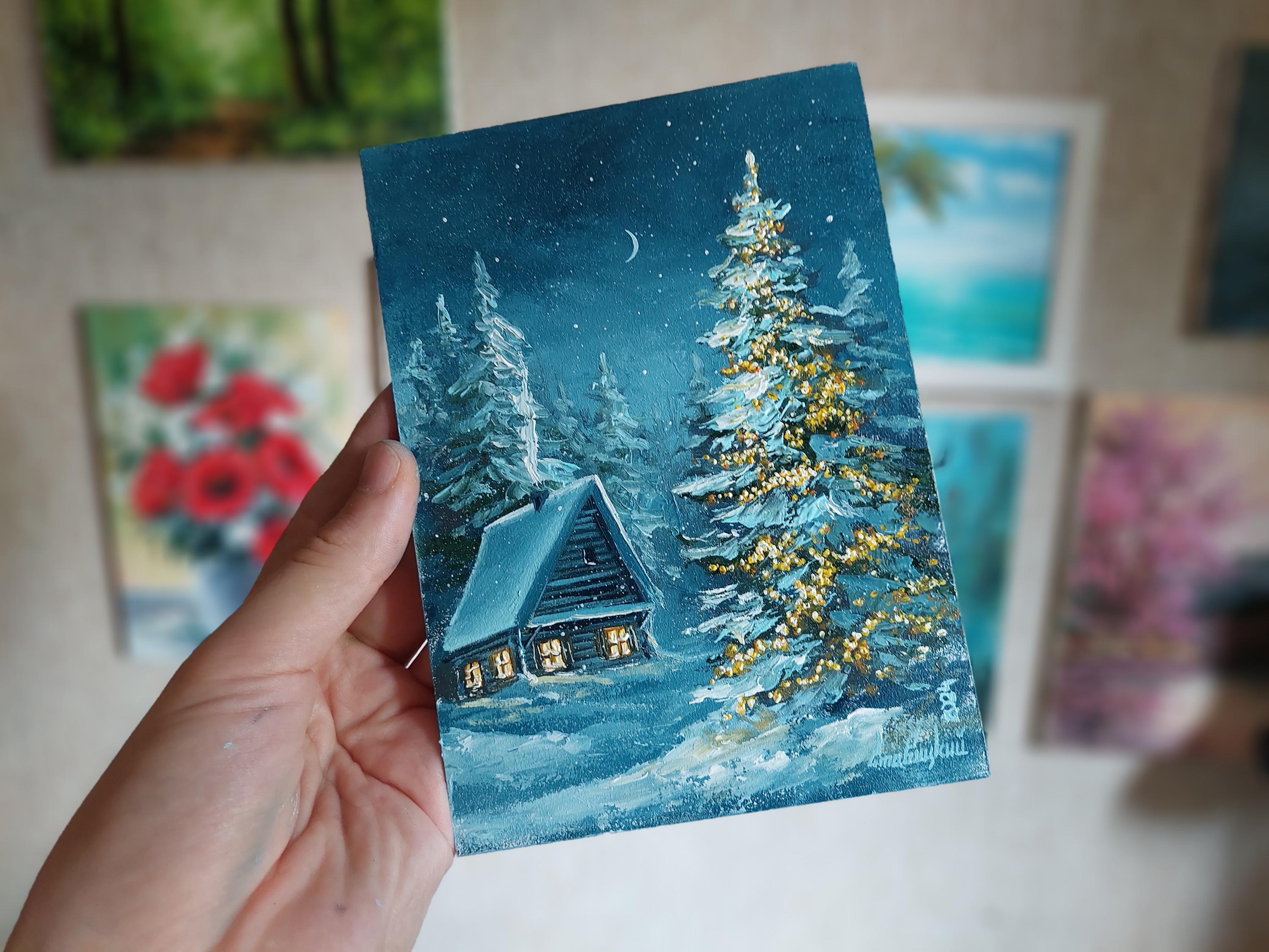 雪の冬の油絵。クリスマスの傑作絵画。雪に覆われたアート 古い