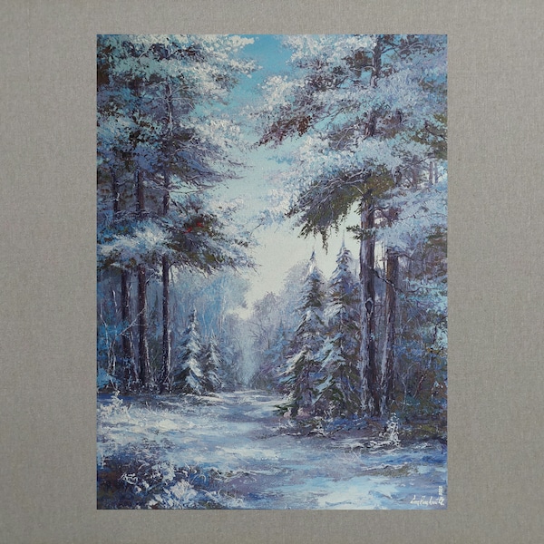 Colorful winter forest oil painting: snow-covered pines, wildlife hares, red cardinals. Art the unique gift capturing serene seasonal beauty