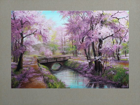 Large Blossom Sakura Park With Bridge, Cherry Tree Colorful