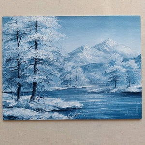 White Winter Oil painting, Snowy Mountain forest Original fine art nature oil painting. Ukrainian winter mountains. Pine trees in snow art