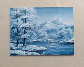 Pintura al óleo de invierno blanco, bosque de montaña nevada. Pintura al óleo original de bellas artes sobre la naturaleza. Montañas invernales ucranianas. Pinos en la nieve.