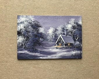 雪の冬の油絵。クリスマスの傑作絵画。雪に覆われたアート 古い