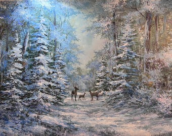 雪の冬の油絵。クリスマスの傑作絵画。雪に覆われたアート 古い