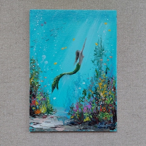 Sea sorceress mermaid in the depths of azure waters original oil painting. Feminine mermaid embodies fantastic sea beauty. Fantasy world art