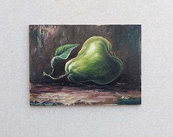 Pear original oil painting, minimalistic juicy green pear in still life masterpiece Artwork