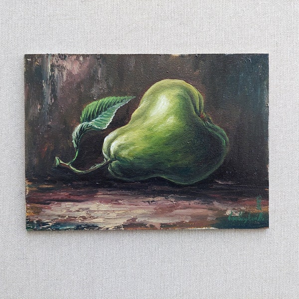 Pintura al óleo original de pera, pera verde jugosa minimalista en obra maestra de naturaleza muerta Obra de arte