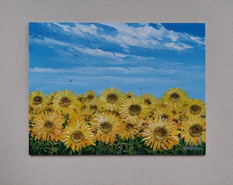 Sunflowers field oil painting, Colorful blossoming Vibrant impasto Summer landscape nature art, High quality original Ukrainian handmade art