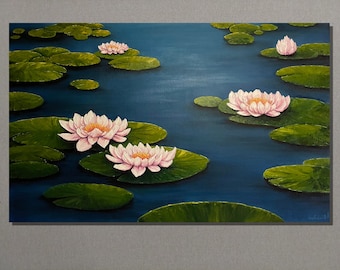色鮮やかな夏の油絵、睡蓮の花が咲き誇る池。蓮の花のアート