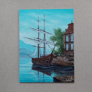 Altes Segel-Holzschiff-Ölgemälde, farbenfrohes Meereslandschafts-Meisterwerk, Berge, Segel, langsame Wellen in originaler, hochwertiger Kunst
