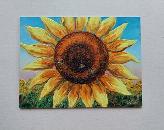 Bees Oil Painting. Bees collecting honey in bright blooming sunflower on a yellow field of flowers in summer day. Blossoming Ukrainian art