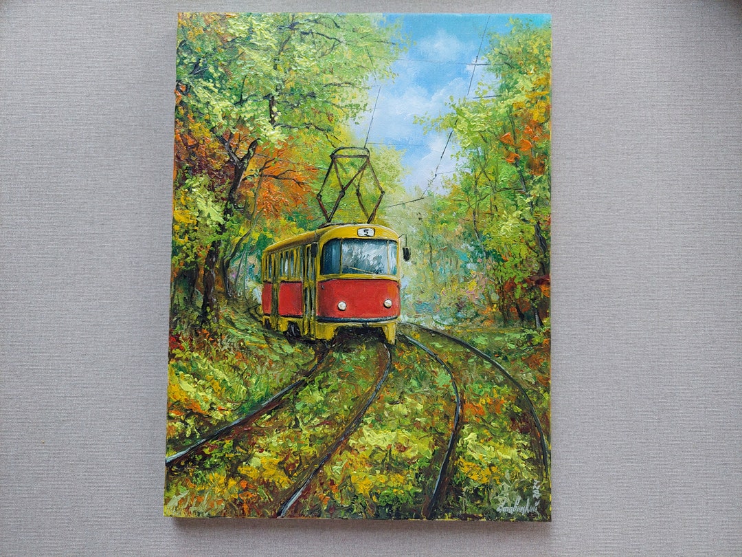 Gold Autumn and Red Tram Original Oil Painting on Canvas. Soft Light of ...