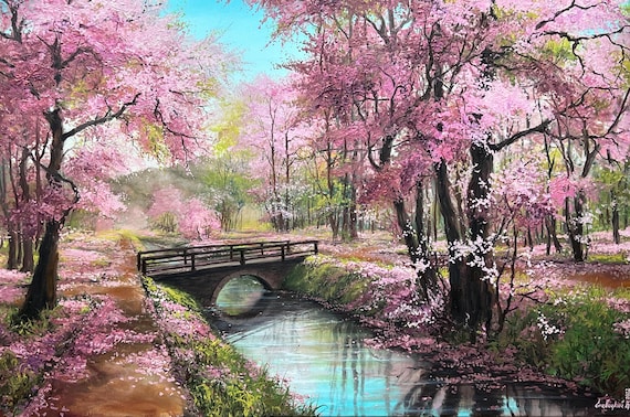 Large Blossom Sakura Park With Bridge, Cherry Tree Colorful Pink
