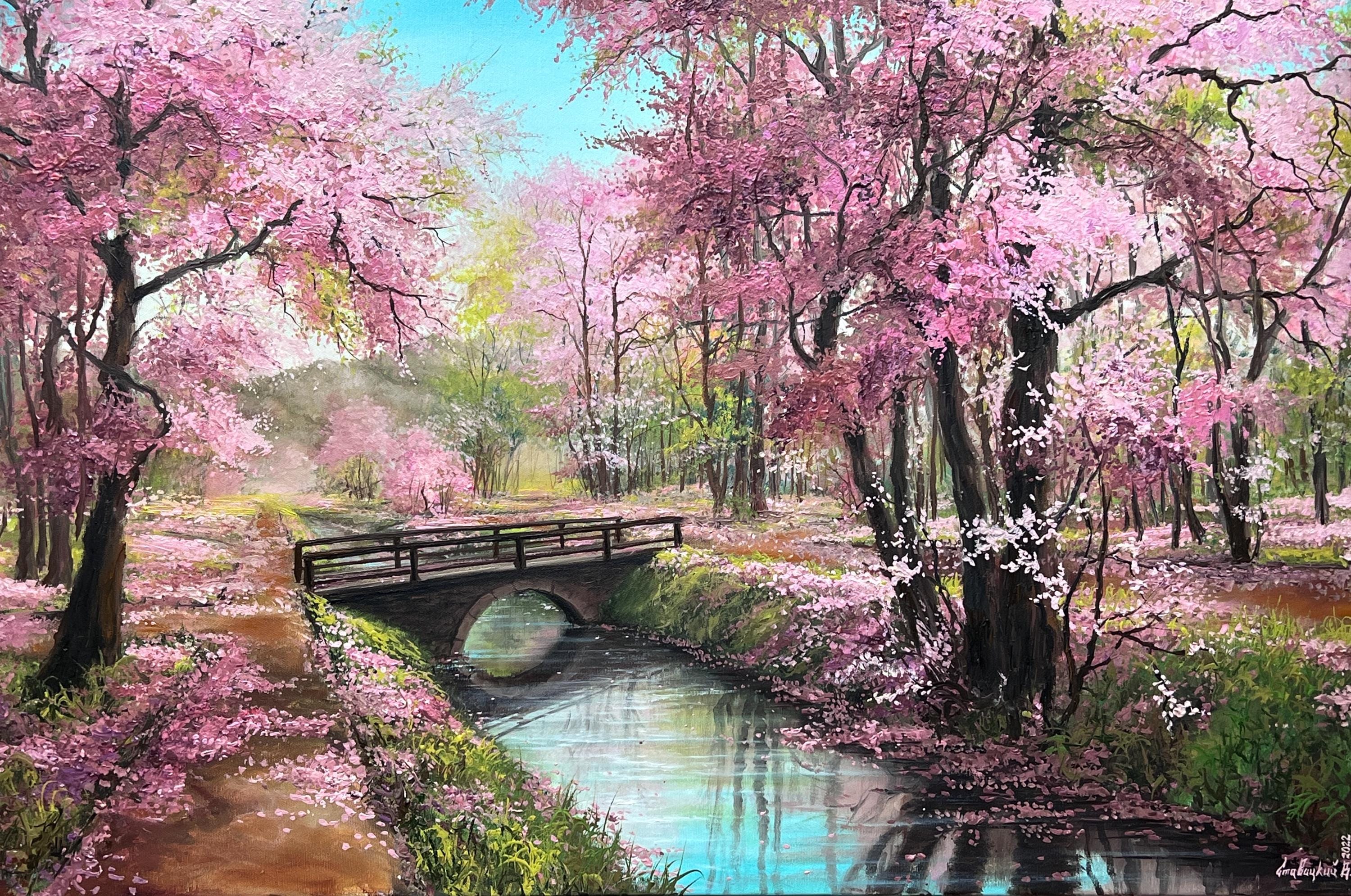 Large Blossom Sakura Park With Bridge, Cherry Tree Colorful Pink