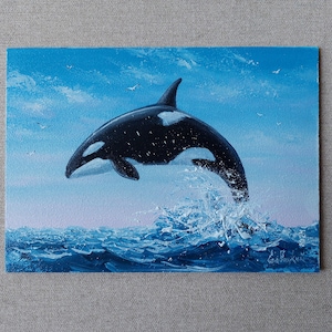 Graceful Orcas Art. Killer Whale&#39;s Soar Amidst Sparkling Splashes in Original High-Quality Oil Painting
