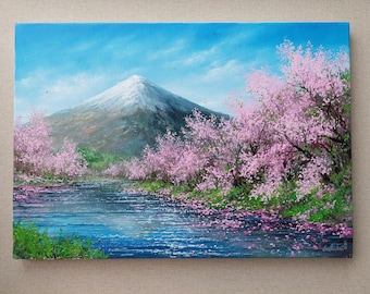 Dipinto originale ad olio con fiori di ciliegio del Fuji. Arte primaverile delle montagne Fujiyama. Paesaggio giapponese: i fiori di ciliegio danzano in una calda giornata di sole.