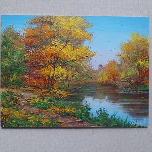 Colorful autumn nature forest painting, Vibrant autumn leaf fall landscape painting, Ukraine trees oil painting, Original handmade Gift Art