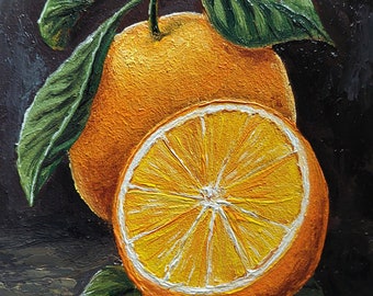 May include: A still life painting of a whole orange and a sliced orange with green leaves on a dark brown background.