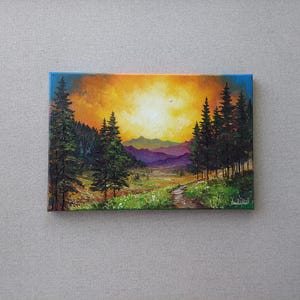 Mountains Sunset on Canvas Original Oil Painting. Fir Trees Landscape Artwork. Vibrant colorful landscape. High-quality one of kind artwork!