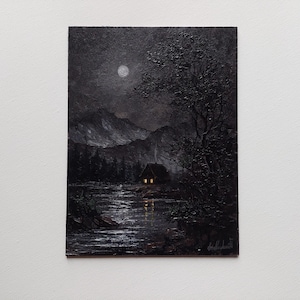 Pintura al óleo original de Nocturno oscuro, arte gótico de estilo antiguo vintage. Bosque nocturno iluminado por la luna: decoración artística original de alta calidad