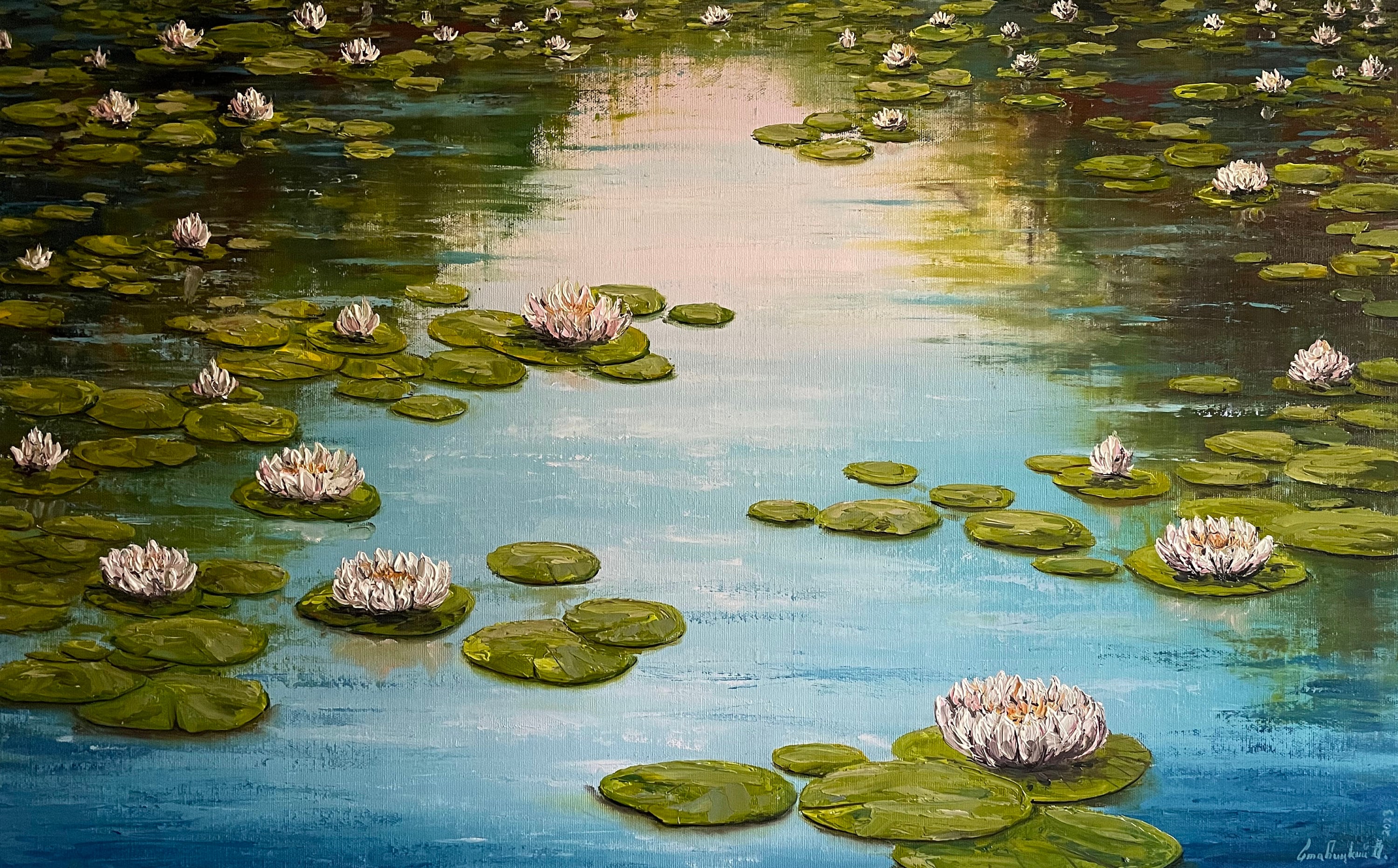 色鮮やかな夏の油絵、睡蓮の花が咲く池。クロード・モネ作「夏の花