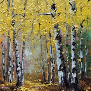 Oil Painting of Golden Autumn. Vibrant Autumn Park Painting with Elegance White Birches. High-quality handmade artwork