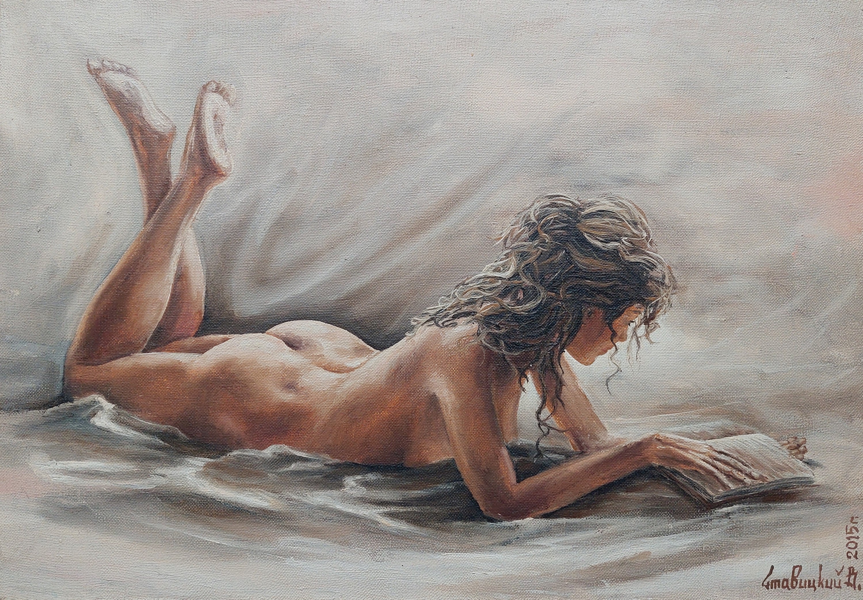 Naked Girl Lies and Reads Erotic and Sensual Oil Painting on picture pic