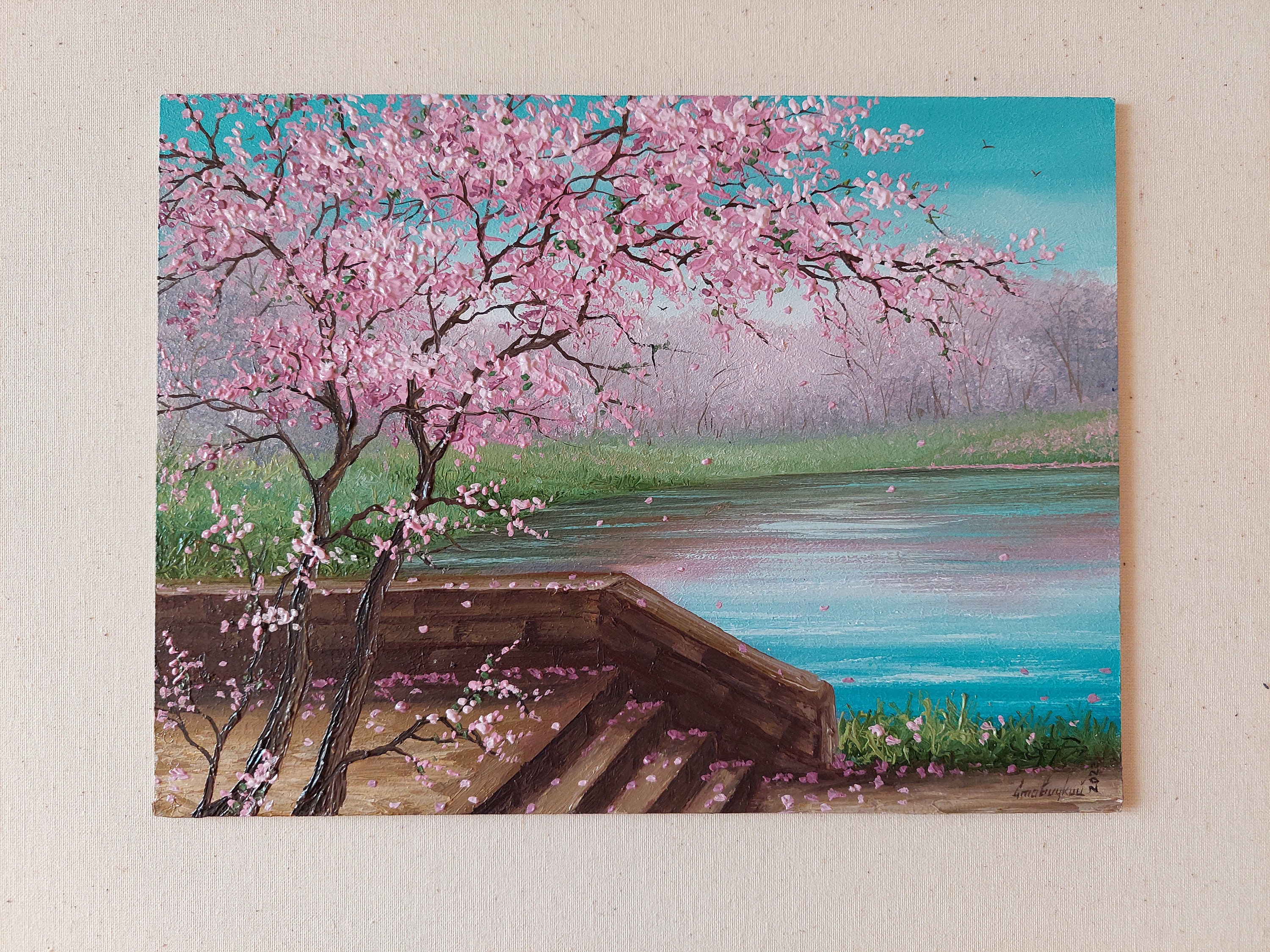 油絵 油彩  絵 絵画【Çherry blossom road】 Beautiful Japanese Cherry Blossom Road: Blossom Path Paint